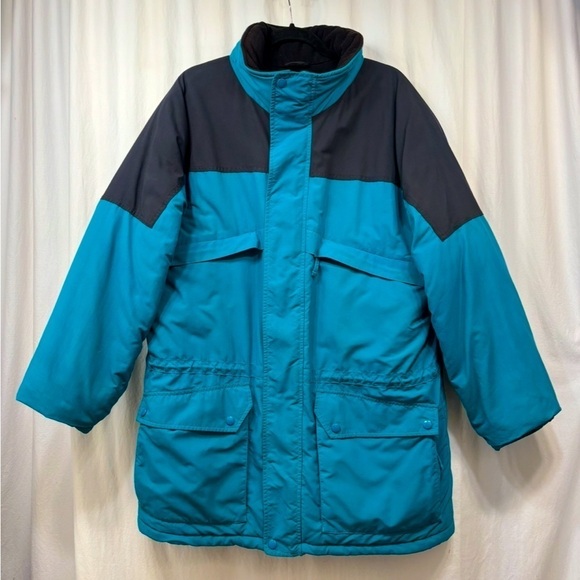Lands End Parka Coat Mens Size Large 42-44 Snow Winter Hidden Hood Blue Black